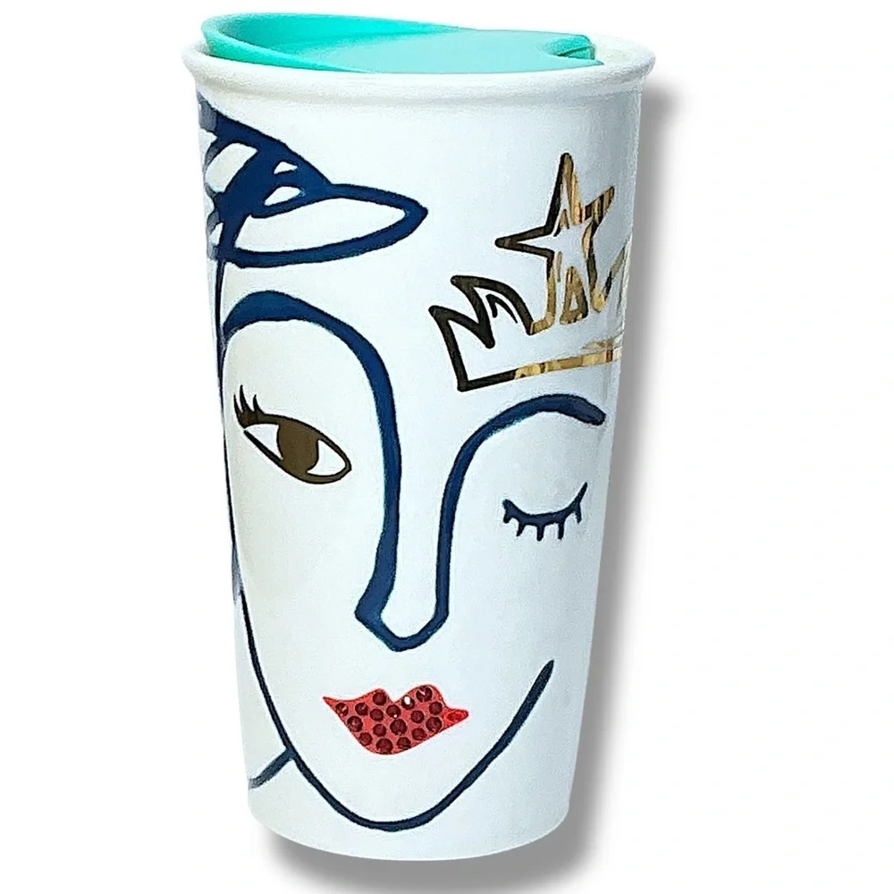 Starbucks 2016 Anniversary Ceramic Tumbler Swarovski Red Crystal Lip Siren Mug